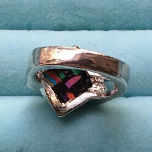 Silver Tone Fordite Ring Multicolor Imitation Stone Size 6.5 Paint Enamel Resin - Picture 3 of 8